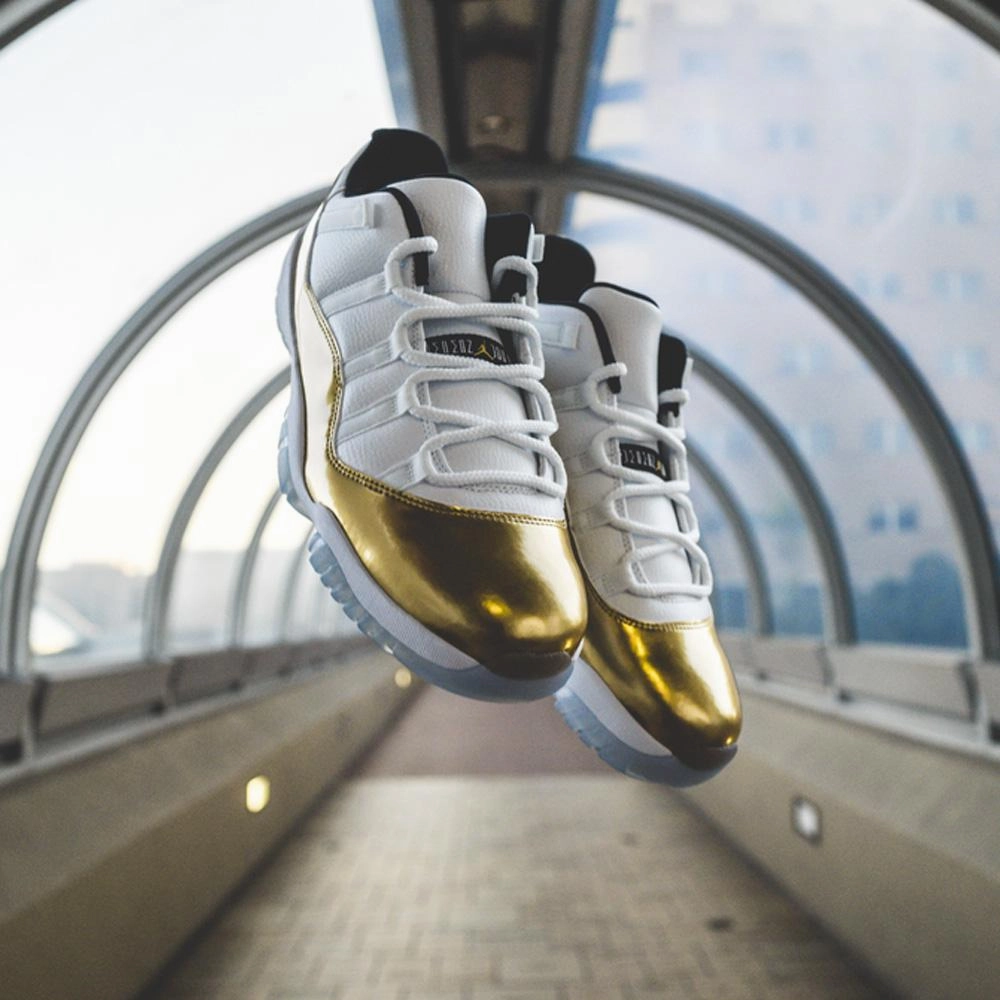 Air Jordan 11 Retro Low White- Metallic Gold Bold classic sport shoes