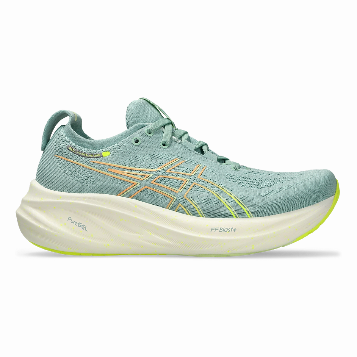 Asics Gel Nimbus 26 - Light Celadon - Safety Yellow Asics neutral footwear designed for balanced running