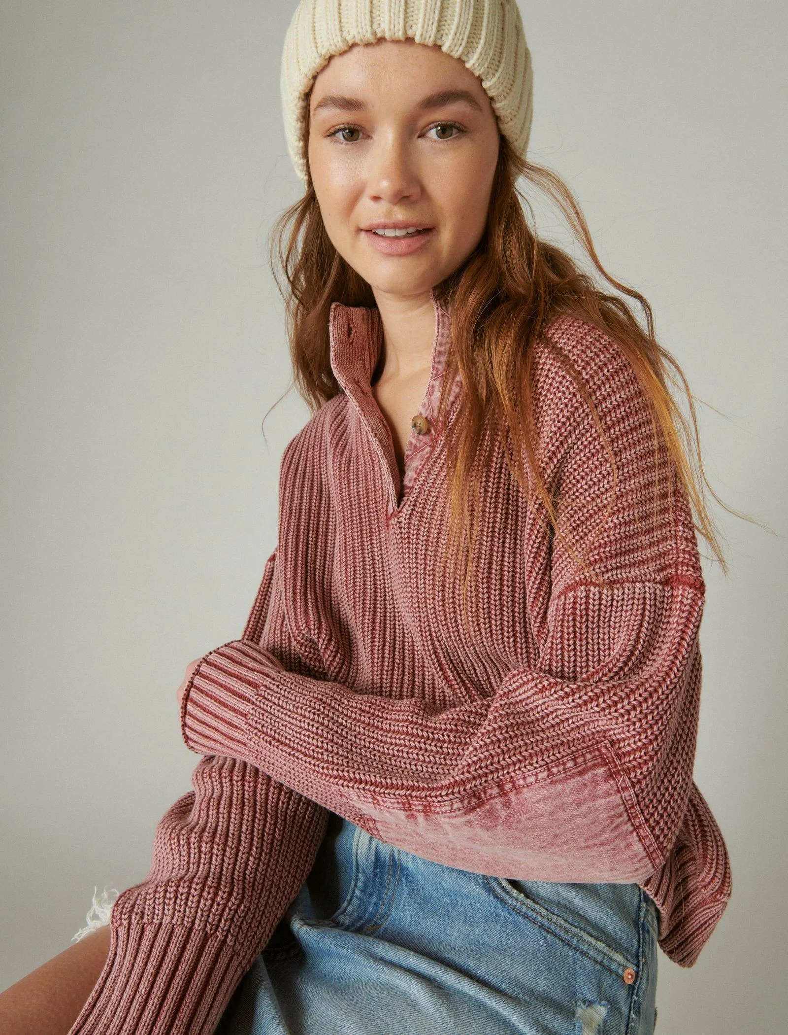 Lucky Brand Collared Elbow Patch Pullover Sweater Apple Butter Heavy Acid Washed Lucky Brand