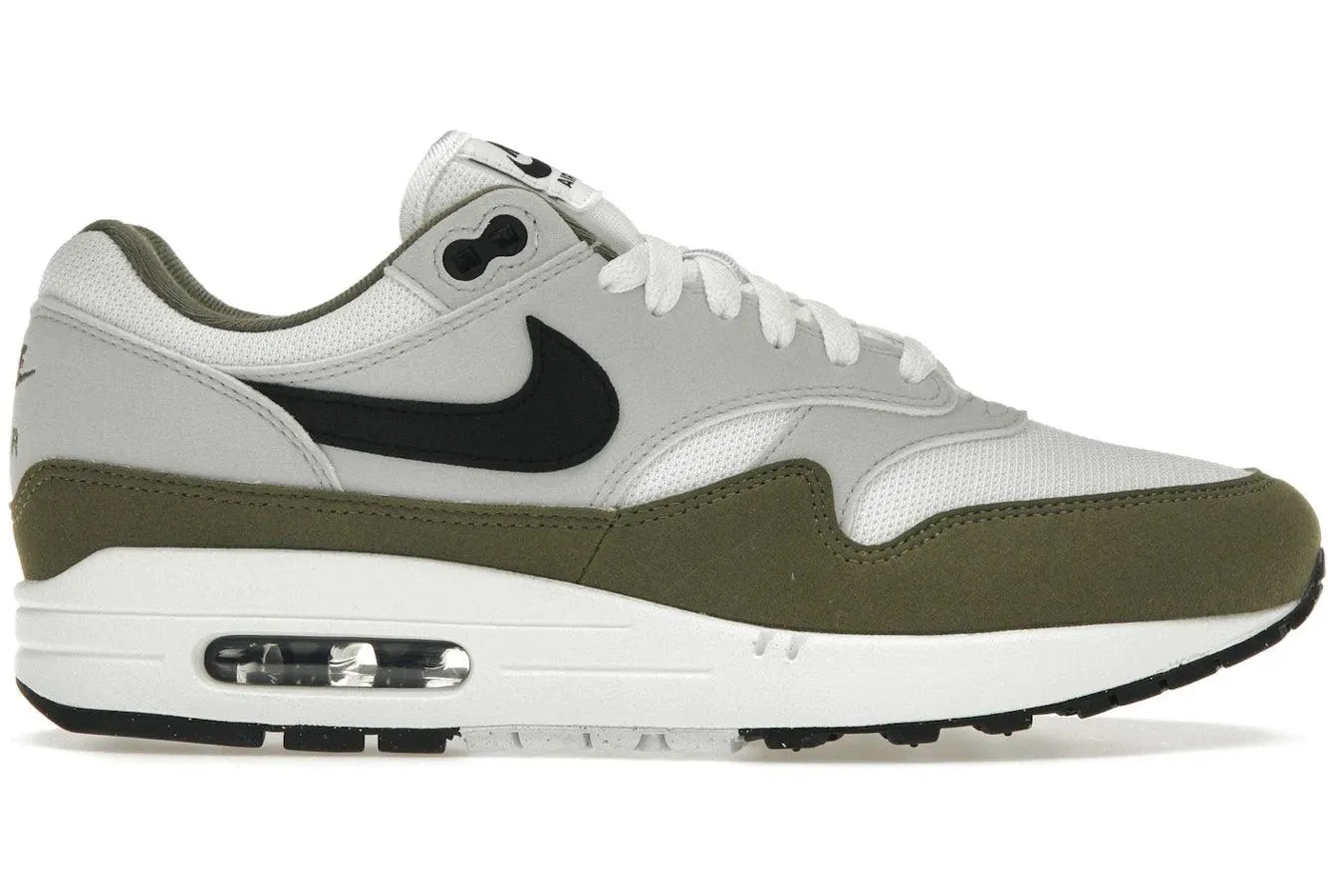 Nike Air Max 1 White Black Medium Olive Nike Air Max casual shoes with visible air tech