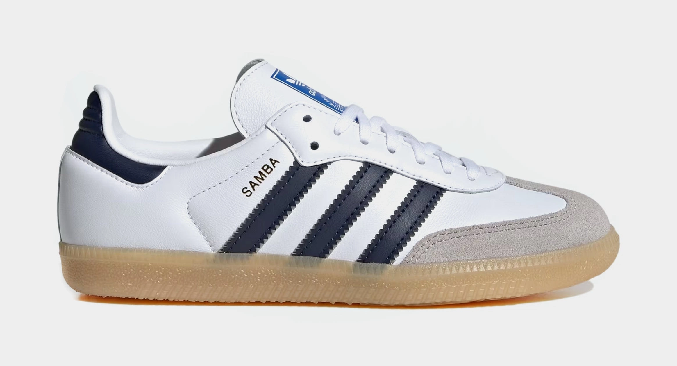 Samba OG Grade School Lifestyle Shoes (Cloud White/Collegiate Navy/Gum) Adidas Samba shoes with iconic T-toe design