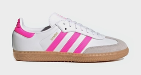 Samba OG Grade School Lifestyle Shoes (Cloud White/Lucid Pink/Gum) Adidas Samba shoes with iconic T-toe design