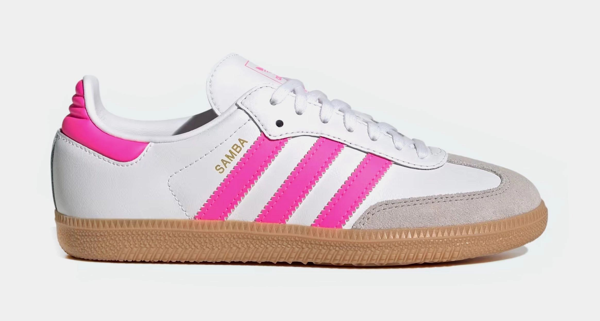 Samba OG Grade School Lifestyle Shoes (Cloud White/Lucid Pink/Gum) Adidas Samba shoes with iconic T-toe design