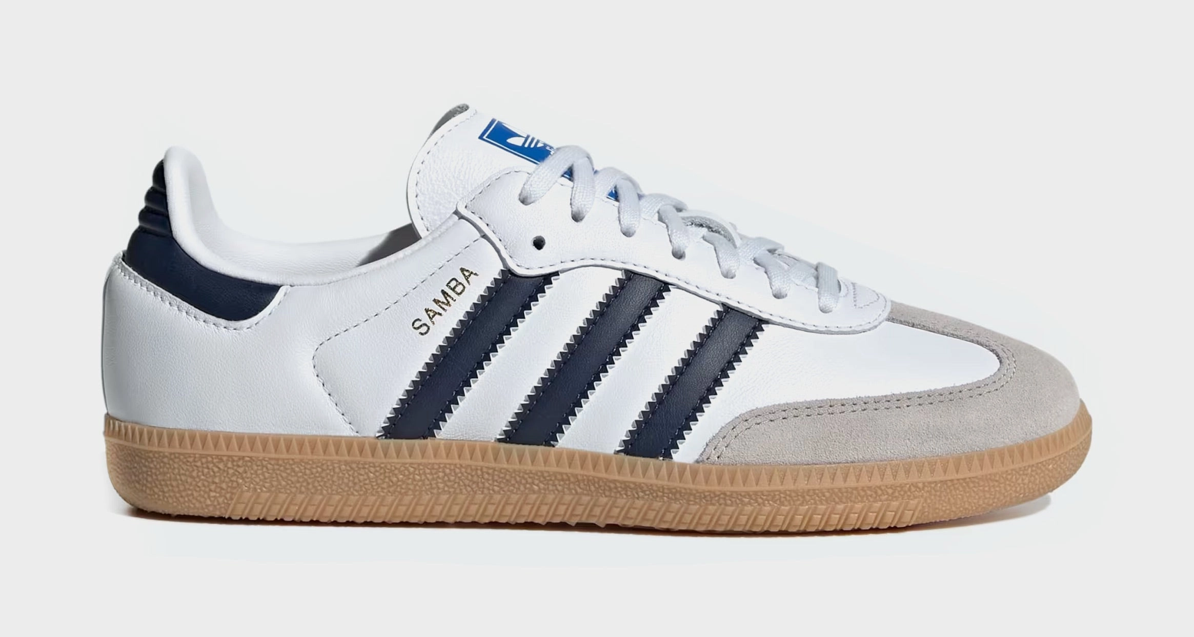 Samba OG Grade School Lifestyle Shoes (Cloud White/Night Indigo/Gum) Adidas Samba shoes with iconic T-toe design