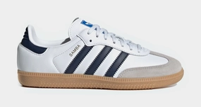 Samba OG Grade School Lifestyle Shoes (Cloud White/Night Indigo/Gum) Adidas Samba shoes with iconic T-toe design