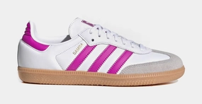 Samba OG Grade School Lifestyle Shoes (Cloud White/Purple Burst/Gum) Adidas Samba shoes with iconic T-toe design
