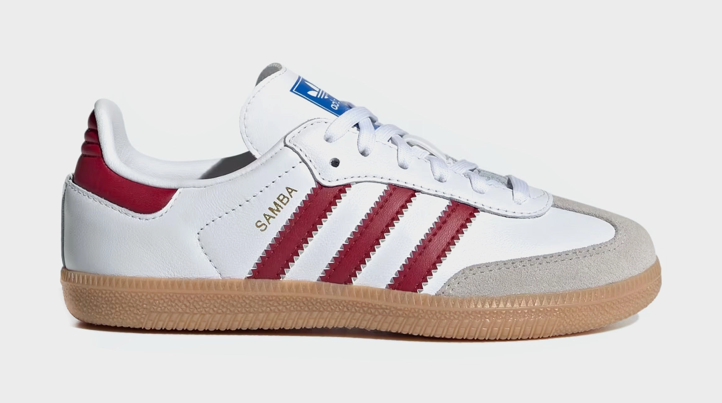 Samba OG Preschool Lifestyle Shoes (Cloud White/Collegiate Burgundy/Gum) Adidas Samba shoes with iconic T-toe design
