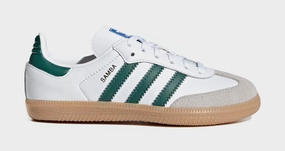 Samba OG Preschool Lifestyle Shoes (Cloud White/Collegiate Green/Gum) Adidas Samba shoes with iconic T-toe design