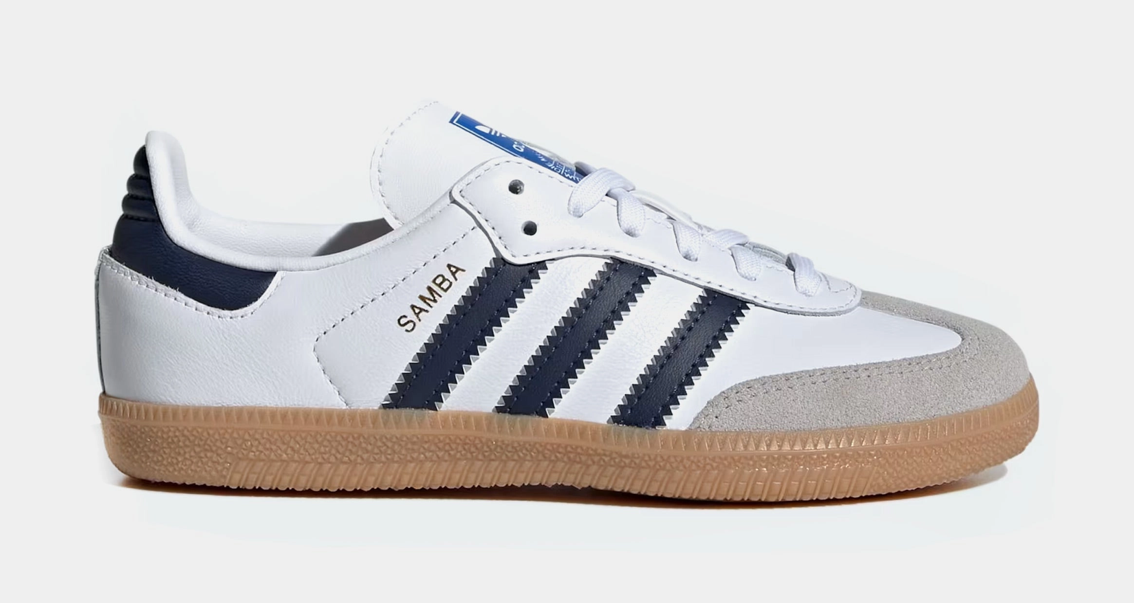 Samba OG Preschool Lifestyle Shoes (Cloud White/Night Indigo/Gum) Adidas Samba shoes with iconic T-toe design