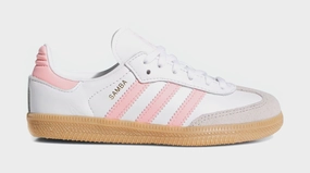 Samba OG Preschool Lifestyle Shoes (Cloud White/Semi Pink Spark/Gum) Adidas Samba shoes with iconic T-toe design